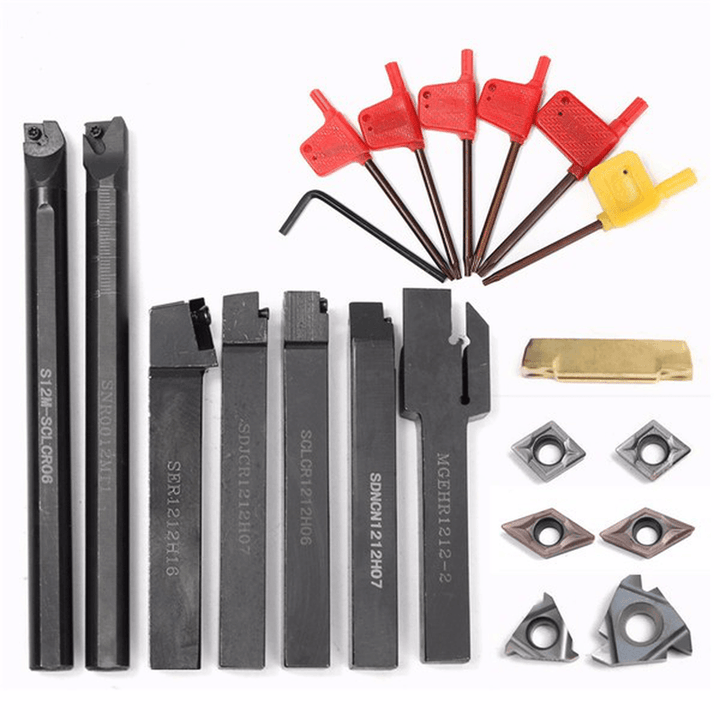 7Pcs 12Mm Shank Lathe Turning Tool Holder Boring Bar with 7Pcs Carbide Insert and Wrench - MRSLM