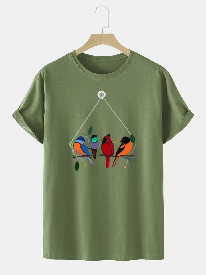 Mens 100% Cotton Colorful Bird Print round Neck T-Shirt - MRSLM
