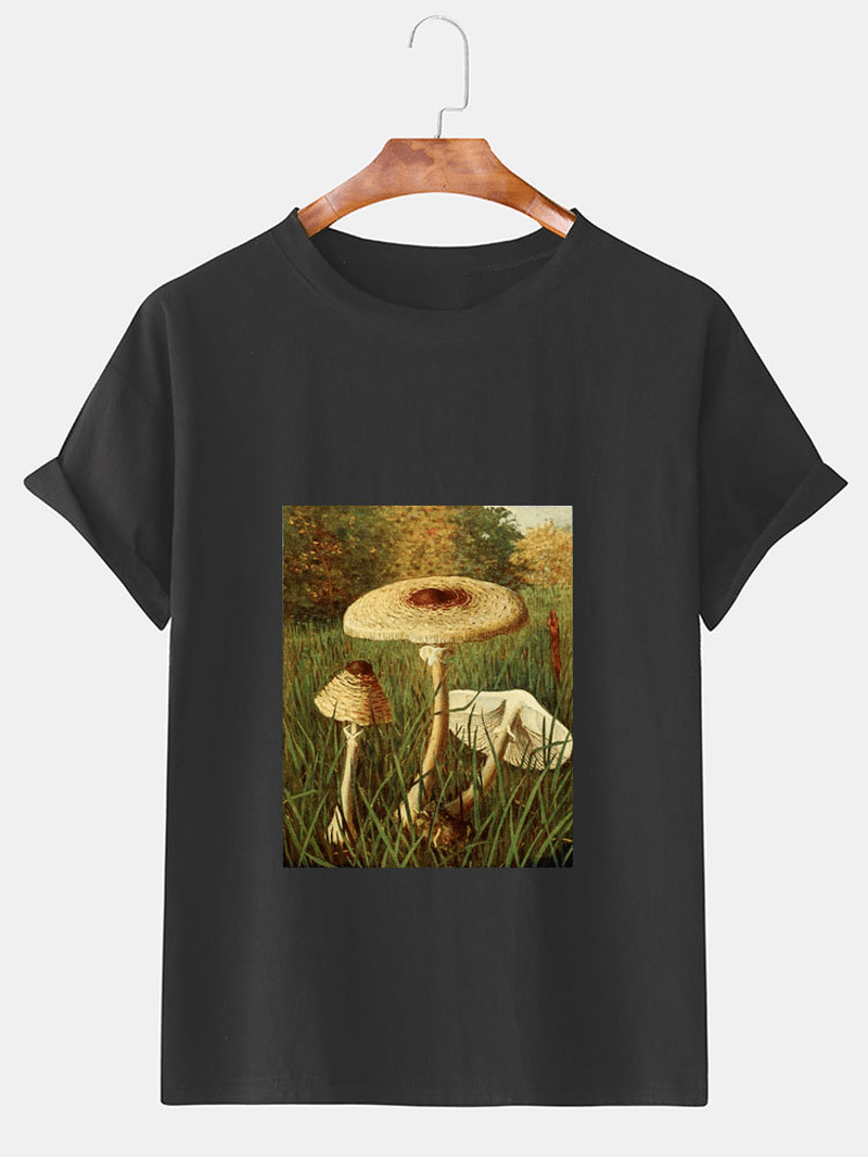 Mens Design Mushroom Print Short Sleeve Cotton T-Shirts - MRSLM