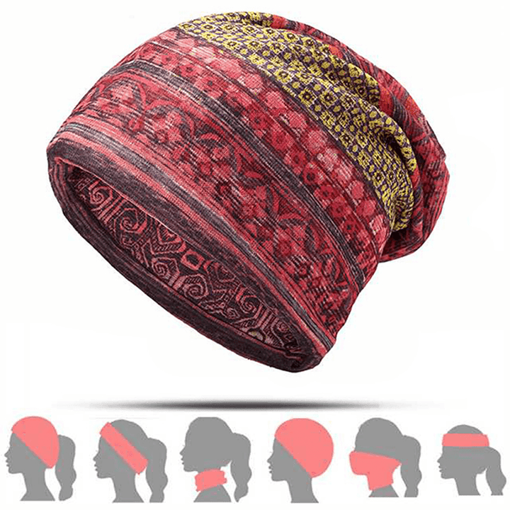 Women Cotton Ethnic Plaid Multifunctional Beanie Hat Scarf Vintage Good Elastic Turban Caps - MRSLM