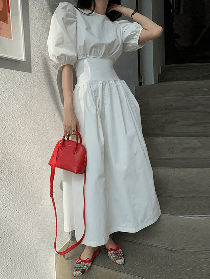 Puff Sleeve O-Neck Short Sleeve Elastic Cuffs Casual Maxi Dress - MRSLM