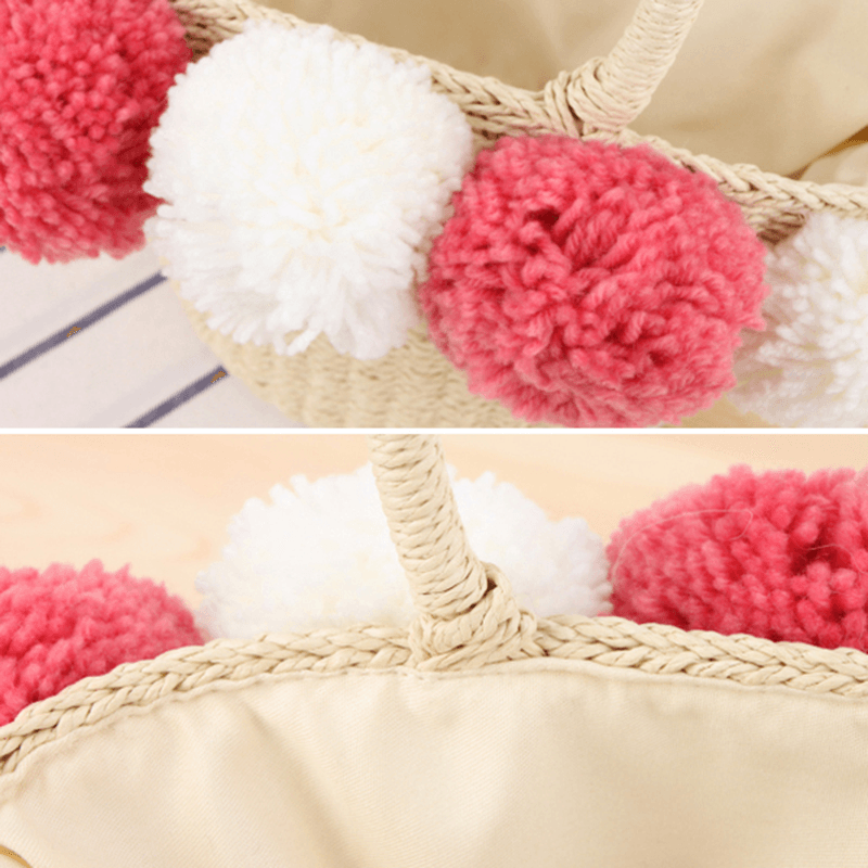 Women Travel Woven Beach Bag Cute Contrast Plush Ball Straw Handbag - MRSLM