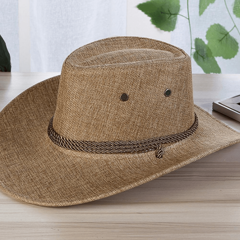 Men'S Linen Solid Color Cool Western Cowboy Male Cycling Hat Accessories Sunscreen - MRSLM