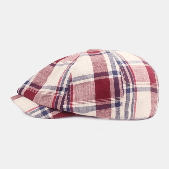 Unisex Cotton Beret Cap Plaid Pattern Casual Retro Sunshade Newsboy Hat Forward Cap Octagonal Hat - MRSLM