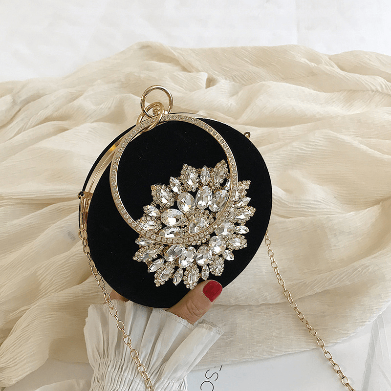 Female Small Bag New Fashion Rhinestones Wild Shoulder Bag Chain Slung Small round Bag Daily Party - MRSLM