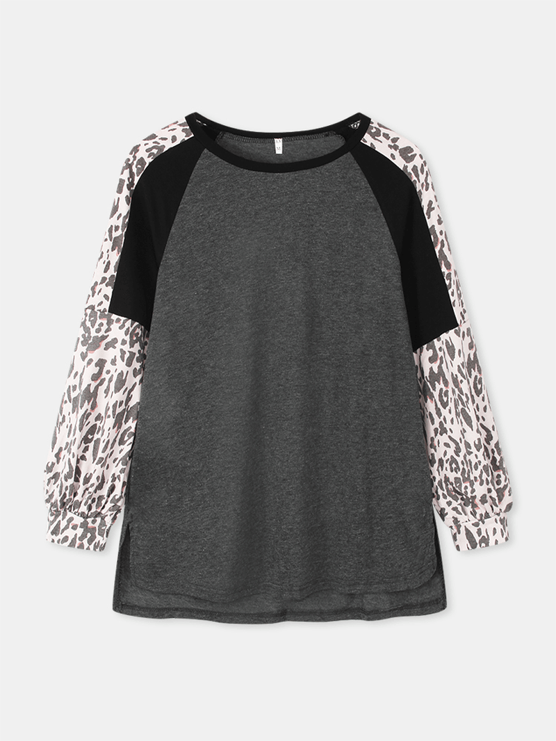 Women Leopard Raglan Sleeve Patchwork O-Neck Casual Loose T-Shirt - MRSLM