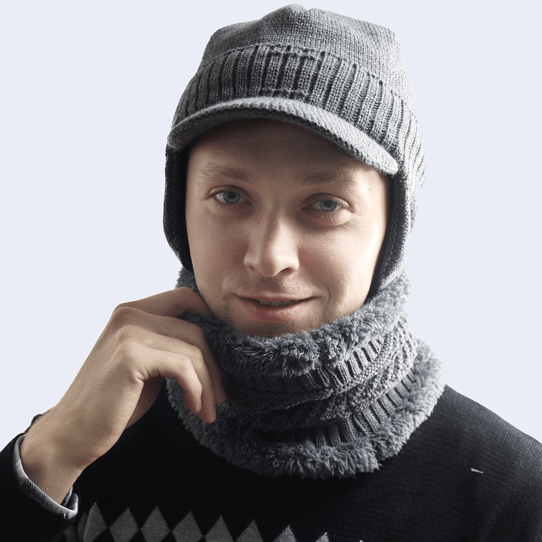 Men'S Velvet Hat with Eaves Autumn and Winter Pullover Cap Bib Set Ear Protection Warm Woolen Cap - MRSLM