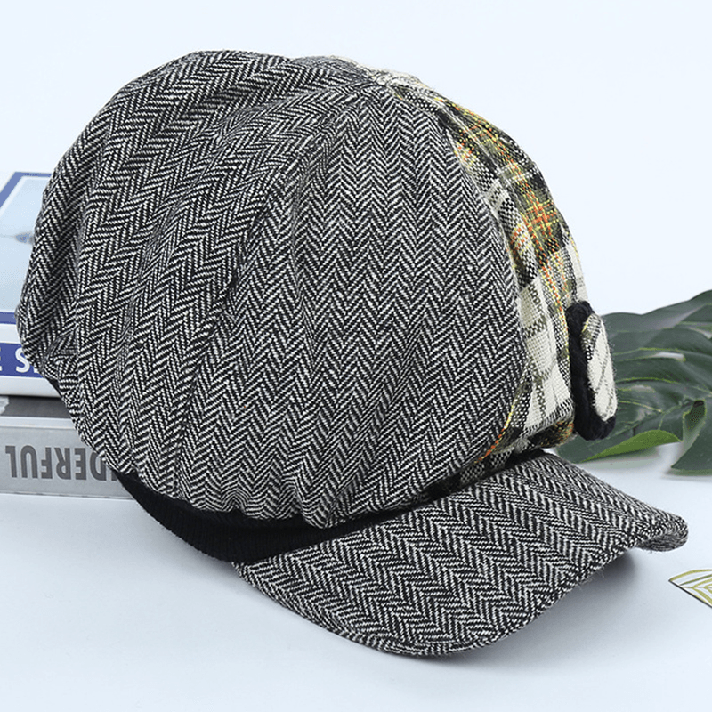 Women Retro Patchwork Stripe Plaid Beret Caps Winter Vintage Cotton Painter Newsboy Hat - MRSLM