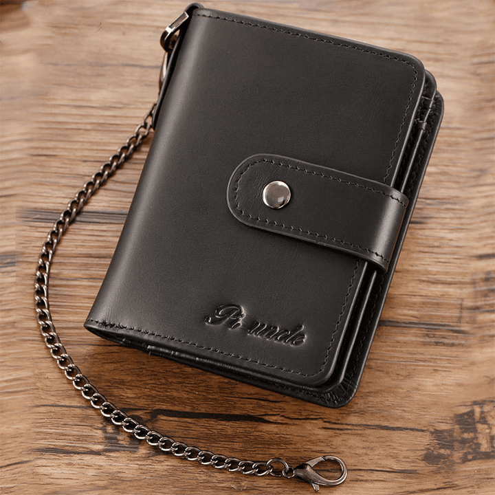 Men Genuine Leather Multi-Card Slot Anti-Theft RFID Card Holder Zipper Chain Wallet - MRSLM
