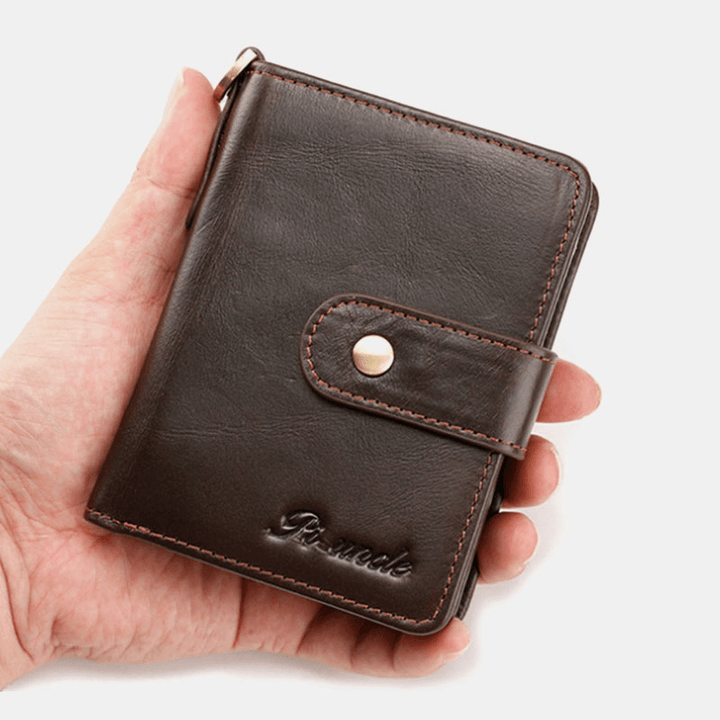 Men Genuine Leather Multi-Card Slot Anti-Theft RFID Card Holder Zipper Chain Wallet - MRSLM