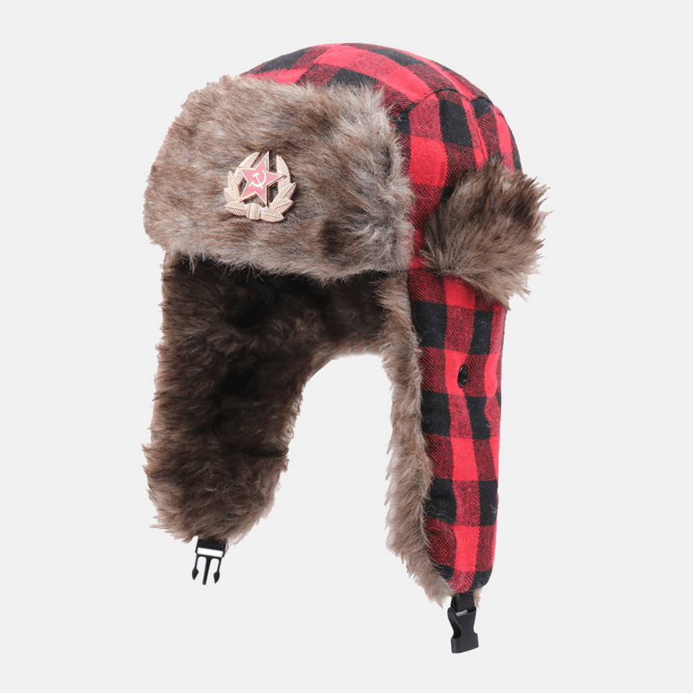 Men Plush Plaid Soviet Badge Windproof Waterproof Ushanka Hat Outdoor Sport Thicken Ear Protection Warm Trapper Hat - MRSLM