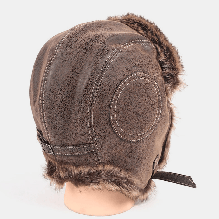 Men PU Leather plus Velvet Thicken Ear Protection Trapper Hat Winter Windproof Cool Protection Warm Ushanka Hat Russian Hat - MRSLM