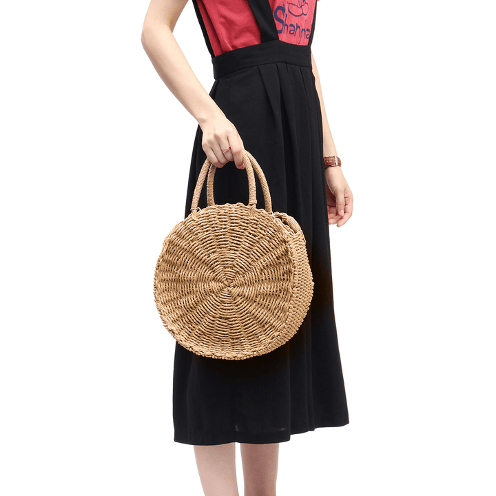 Round Women Girls Straw Rattan Bag Circle Handbag Handwoven Summer Beach Bali - MRSLM