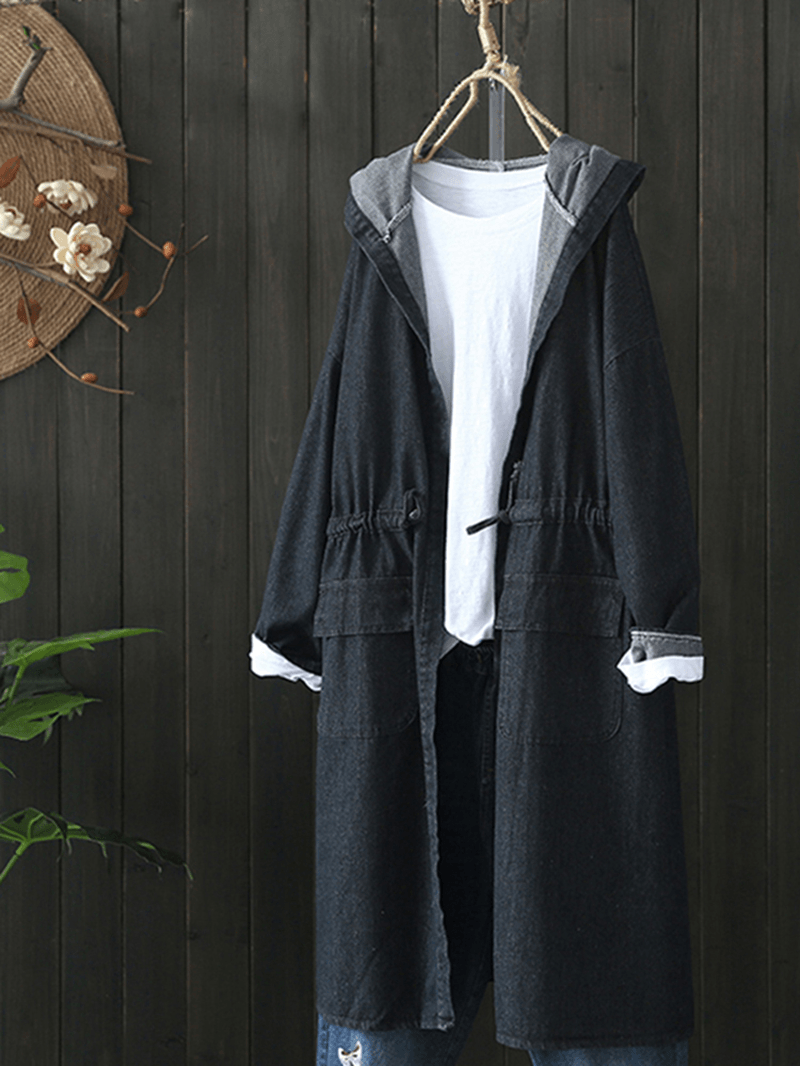 Casual Women Drawstring Long Sleeve Hooded Denim Coats with Pockets - MRSLM