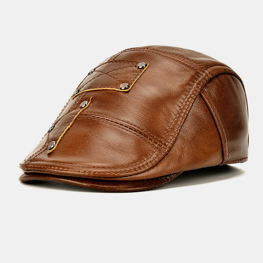 Men Genuine Leather Rivet Decoration plus Velvet Keep Warm Ear Protected Casual Beret Hat - MRSLM