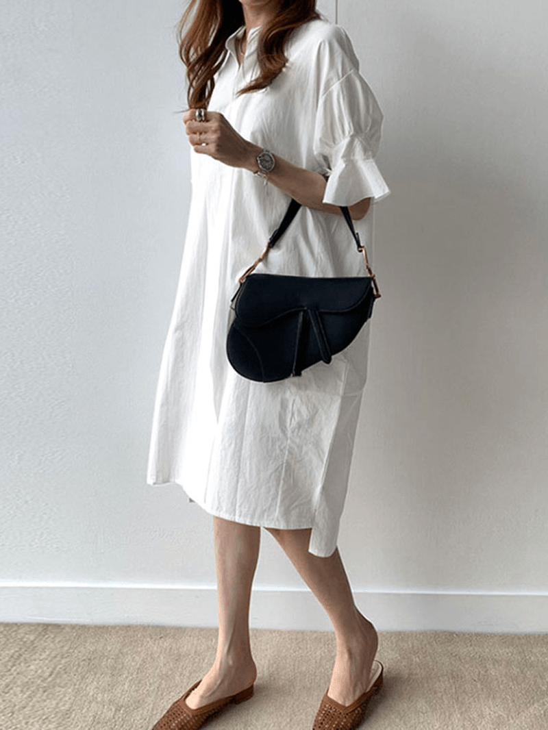 Casual Plain Lapel Button Half Sleeve Side Pocket Shirt Dress - MRSLM