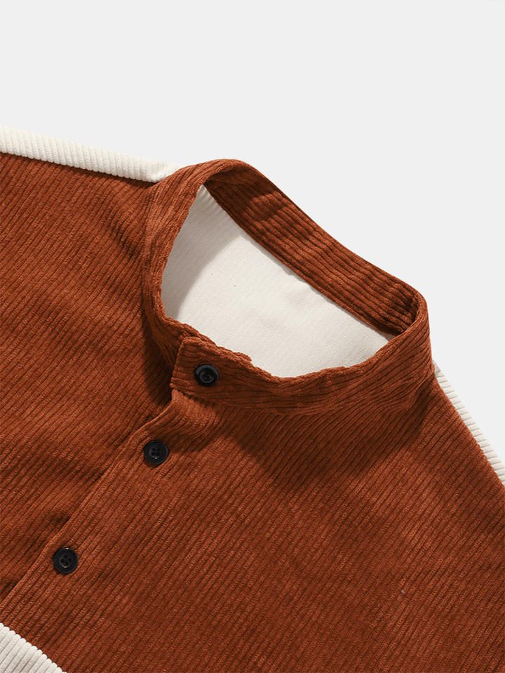 Mens Stand Collar Corduroy Color Block Casual Shirts - MRSLM