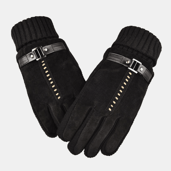 Men Leather plus Velvet Thick Screen Touchable Riding Driving Motorcycle Windproof Keep Warm Full-Finger Gloves - MRSLM