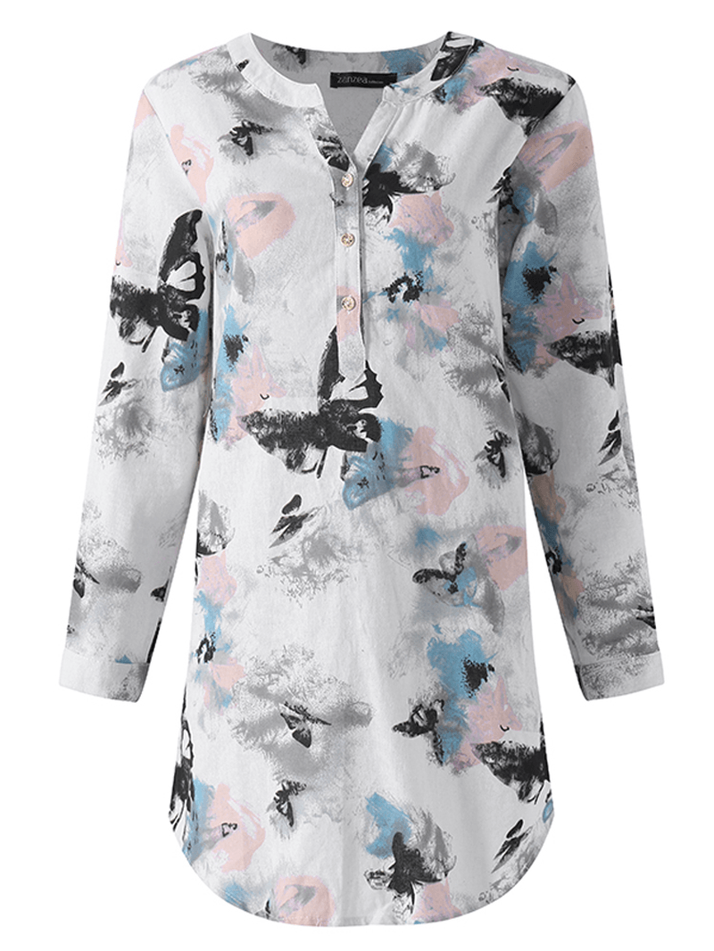 Ink Printed V Neck Buttons Long Sleeve Shirt Dress - MRSLM