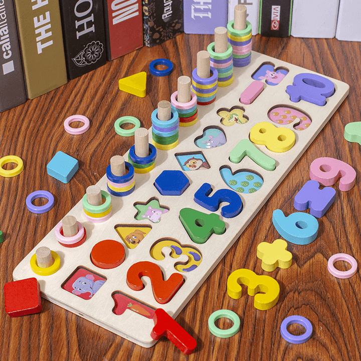 Wooden Educational Children'S Toy Three-In-One Color Number Shape Matching Puzzle - MRSLM