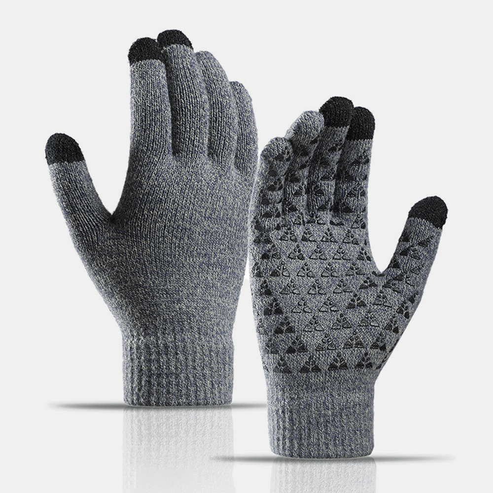 Unisex Three-Finger Touch-Screen Palm Triangle Silicone Non-Slip Pattern Knitted Gloves plus Velvet Thicken Soft Winter Warm Gloves - MRSLM