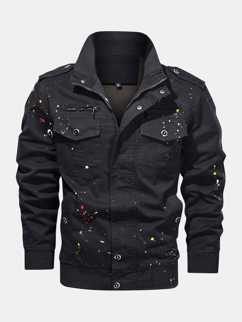 Mens Paint Print Cotton Multi Pocket Jacket - MRSLM