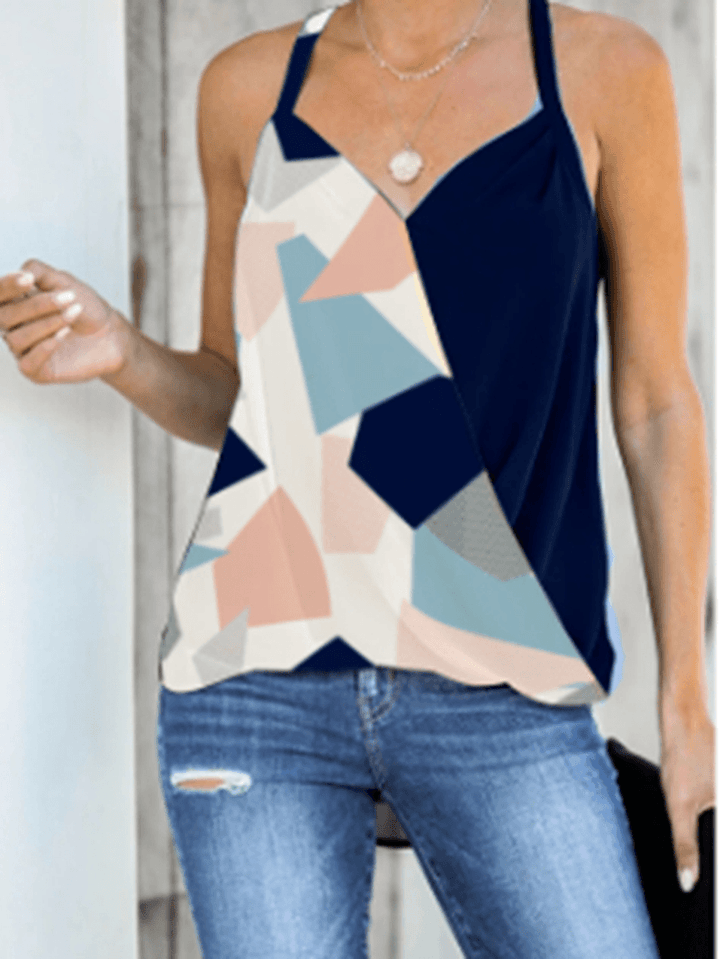 Geometric Print Halter V-Neck Sleeveless Casual Cami - MRSLM