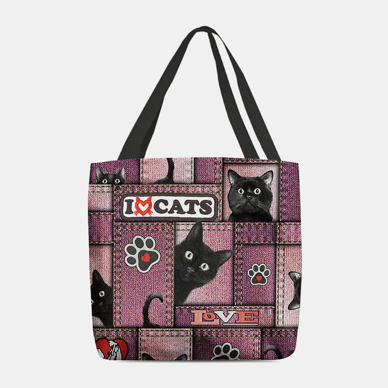 Women Felt Cartoon Black Cat Lattice Frame Pattern Shoulder Bag Handbag Tote - MRSLM