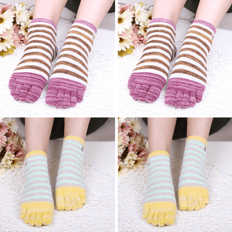 Ladies Five Toes Socks Cotton Striped 4-Pair Set Ankle Socks - MRSLM