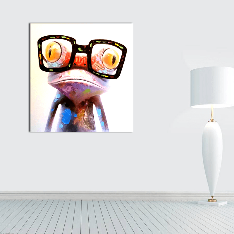 Miico Hand Painted Oil Paintings Animal Modern Art Happy Frog with Glasses on Canvas Wall Art for Home Decoration 20X20Cm - MRSLM