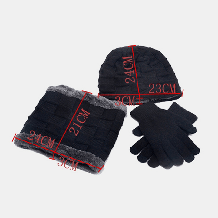 Men 3PCS plus Velvet Keep Warm Winter Neck Protection Headgear Scarf Full-Finger Gloves Knitted Hat Beanie - MRSLM