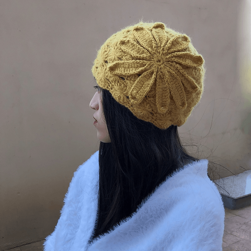 Ethnic Style Handmade Knitted Wool Hat Women Retro Elegant Flower Beret Beanie - MRSLM