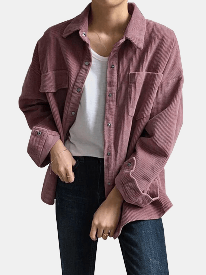 Women Corduroy Solid Long Sleeve Casual Lapel Coat with Front Pockets - MRSLM