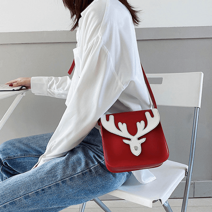 Women Faux Leather Contrast Color Christmas Elk Pattern Small Square Bag Crossbody Bag Shoulder Bag - MRSLM