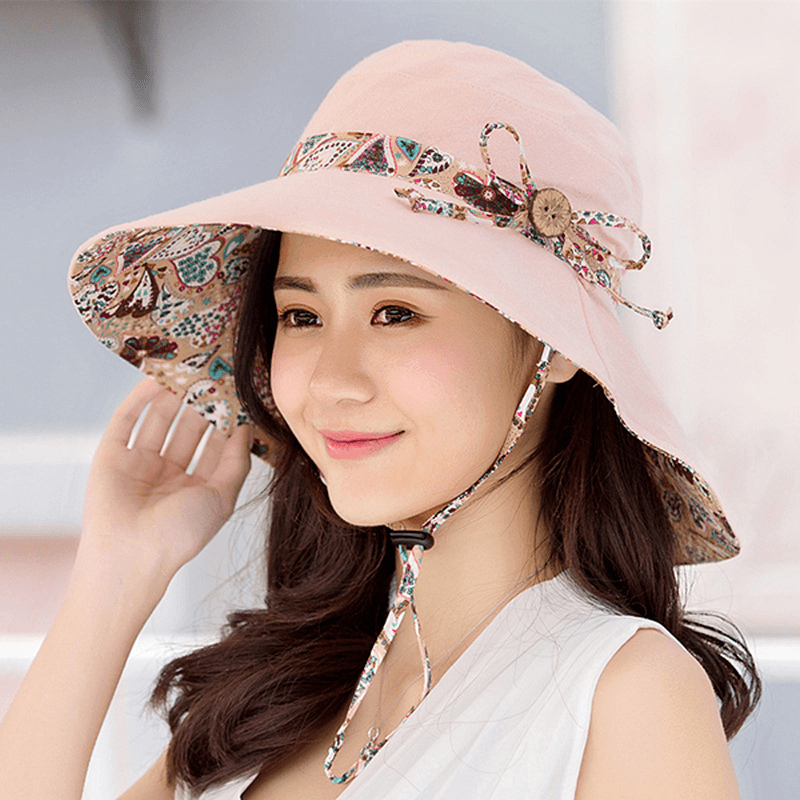 Women Sunscreen Bucket Hat Casual Anti-Uv Wide Brim Double Sided Wear Beach Hat - MRSLM