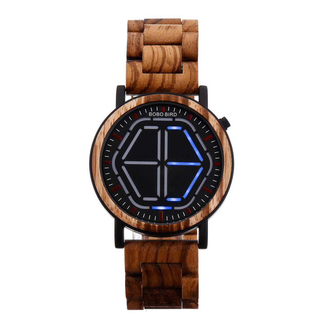 BOBO BIRD Creative Night Vision Wooden Watch Colorful LED Unique Time Display Men Quartz Watch - MRSLM