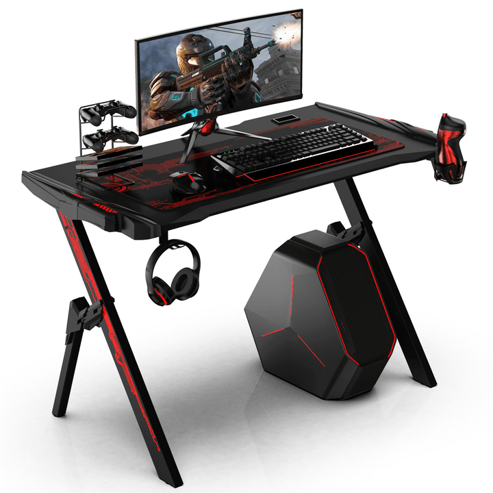 47.2" Gaming Computer Desk Black Gamer Table with Audio Sensor RGB LED Lights Cup Holder Headphone Hook for Home Office - MRSLM