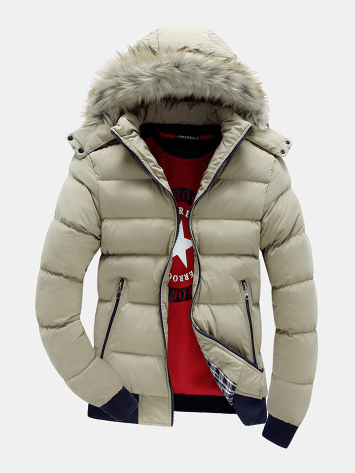 Mens Contrasting Patchwork Zipper Detachable Faux Fur Collar Hooded Thicken Coats - MRSLM