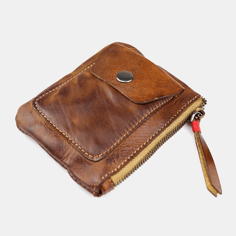 Men Genuine Leather Vegetable Tanned Leather Thin Zipper Wallet Fold Large Capacity Card Holder Money Clip Coin Purse - MRSLM