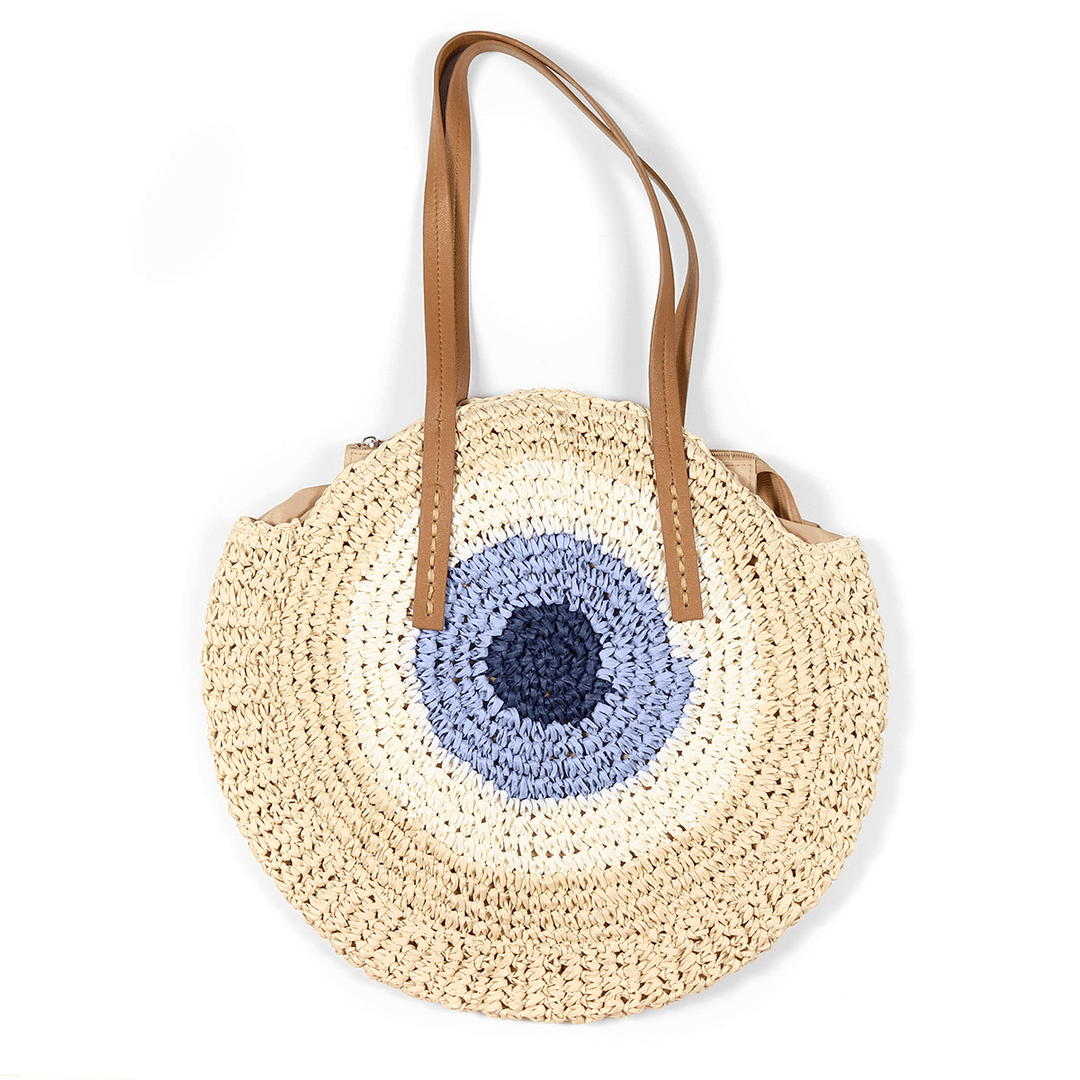 Women Beach round Straw Bag Bucket Rattan Woven Handbag Shoulder Bag Outdoor Travel - MRSLM