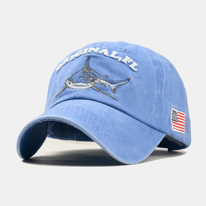 Men Women Denim Sunshade Hat Embroidered Letter Shark Washed Baseball Cap - MRSLM