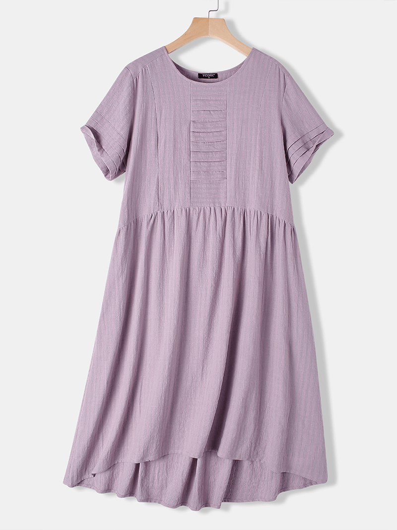 Casual Striped Irregular O-Neck Short Sleeve Pleated Dress - MRSLM