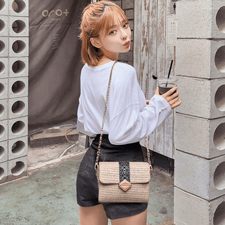 Women Summer Beach Straw Bag Bohemian Crossbody Messenger Shoulder Chain Bag - MRSLM