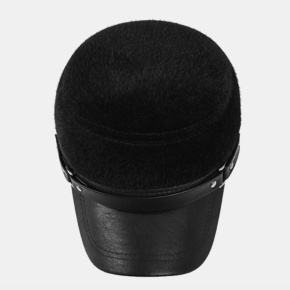 Men Artificial Mink Hair PU Brim Patchwork Rivet Decoration Built-In Ear Protection Thick Warmth Flat Cap - MRSLM