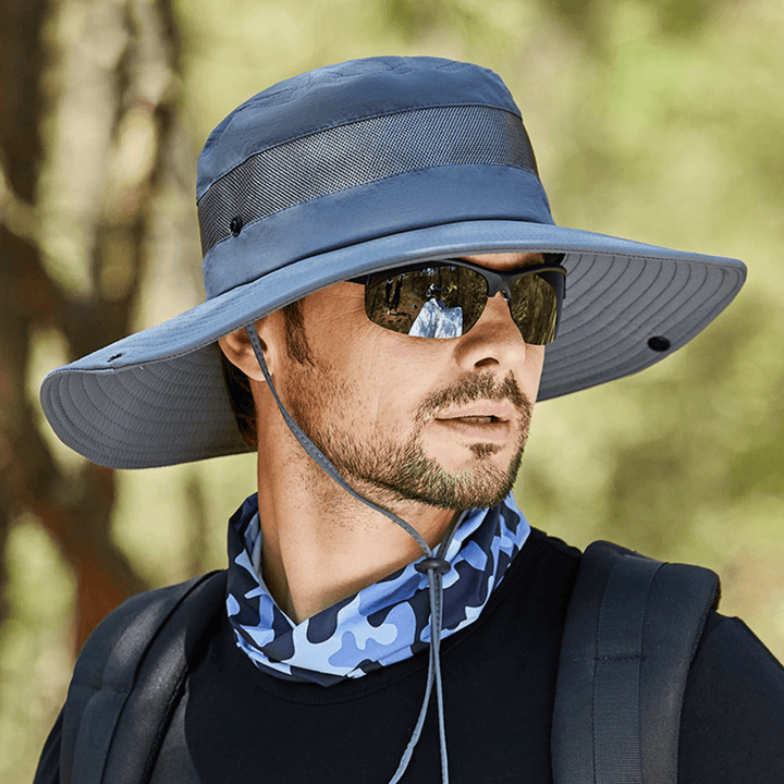 Men Breathable Mesh Big Brim Outdoor Fishing Climbing UV Protection Sunshade Waterproof Bucket Hat - MRSLM