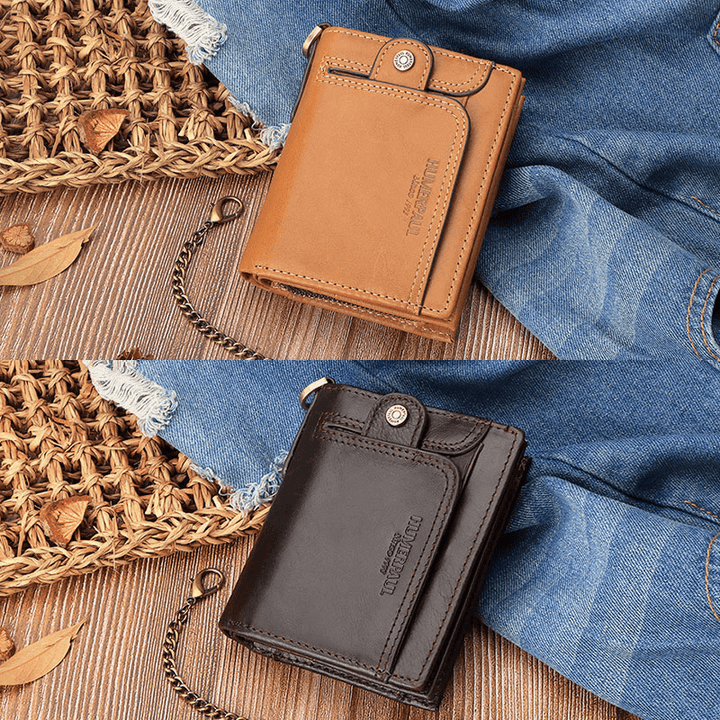 Men Genuine Leather RFID Anti-Theft Zipper Multi-Slot Card Holder Wallet with Chain - MRSLM