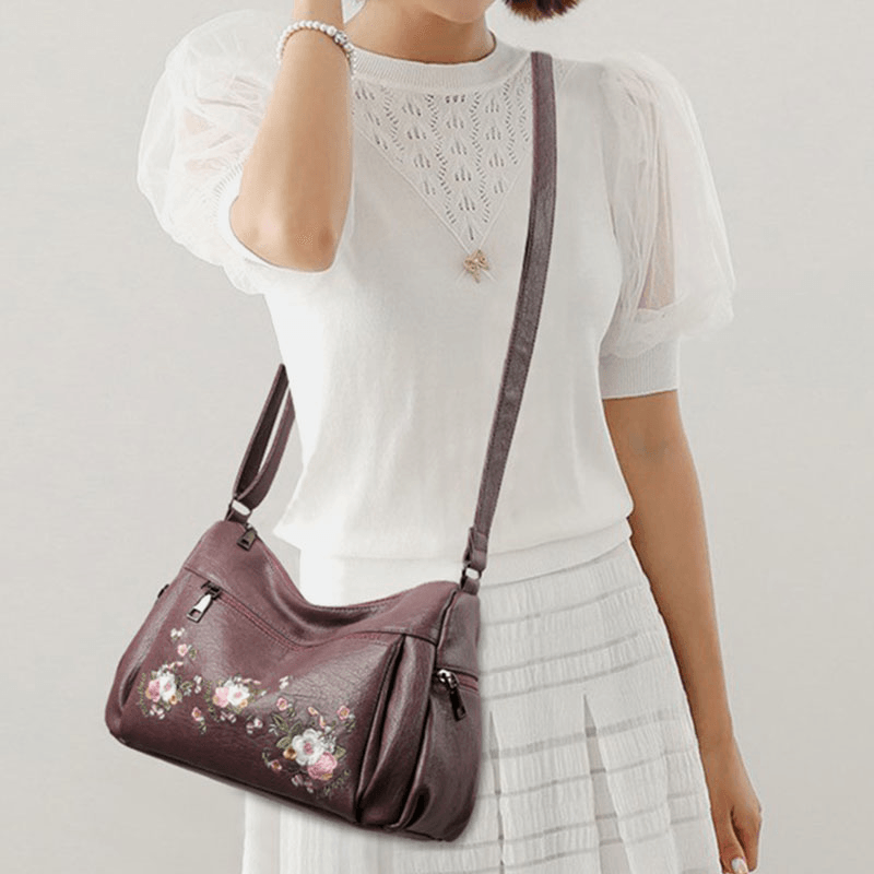 Women Ethnic Flower Embroidered Large Capacoty Crossbody Bag Vintage Texture Hardware Waterproof Breathable Soft Leather Shoulder Bag - MRSLM