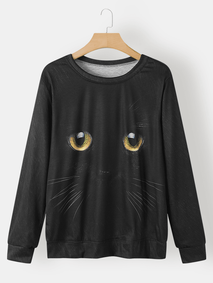 Women Black Cat Print round Neck Pullover Long Sleeve Sweatshirts - MRSLM