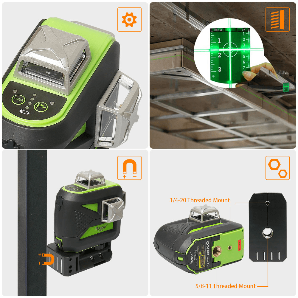 Huepar 603CG BT 3X360° Green Beam 3D Bluetooth Laser Level Self-Leveling Cross Line USB Charge Dry/Li-Ion Battery - MRSLM