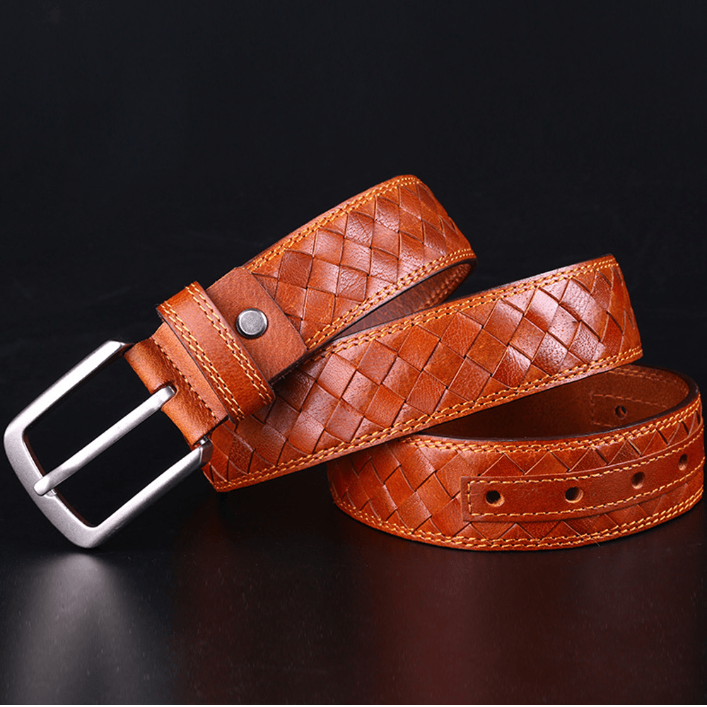 Men Genuine Leather Solid Color Retro Handmade Woven Jeans Skirt Belts - MRSLM